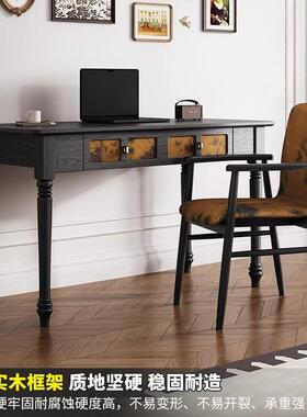 法式复古书桌香云纱黑色梳妆台写字桌一体白蜡木实木腿电脑桌家用