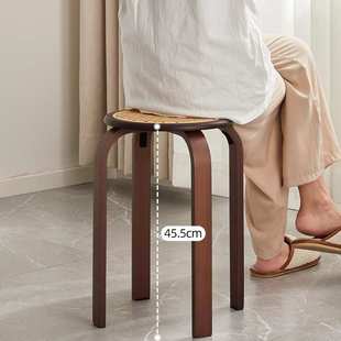 家用实木化妆凳休闲凳纳凉竹板凳藤编圆凳可摞叠放摆摊备用餐边凳