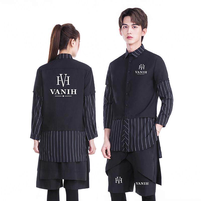 美发发型师助理技师工作服套装定制logo个性条纹发廊时尚日系工衣