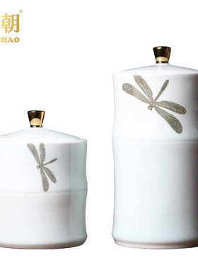 新中式蜻蜓陶瓷罐摆件样板房茶室软装饰品玄关电视柜茶几桌面家居