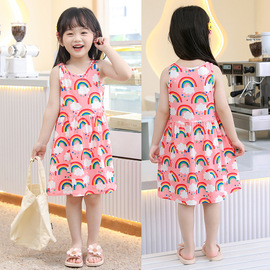 夏季韩版中小童女通用童装，印花牛奶丝，a字裙儿童吊带裙女童连衣裙