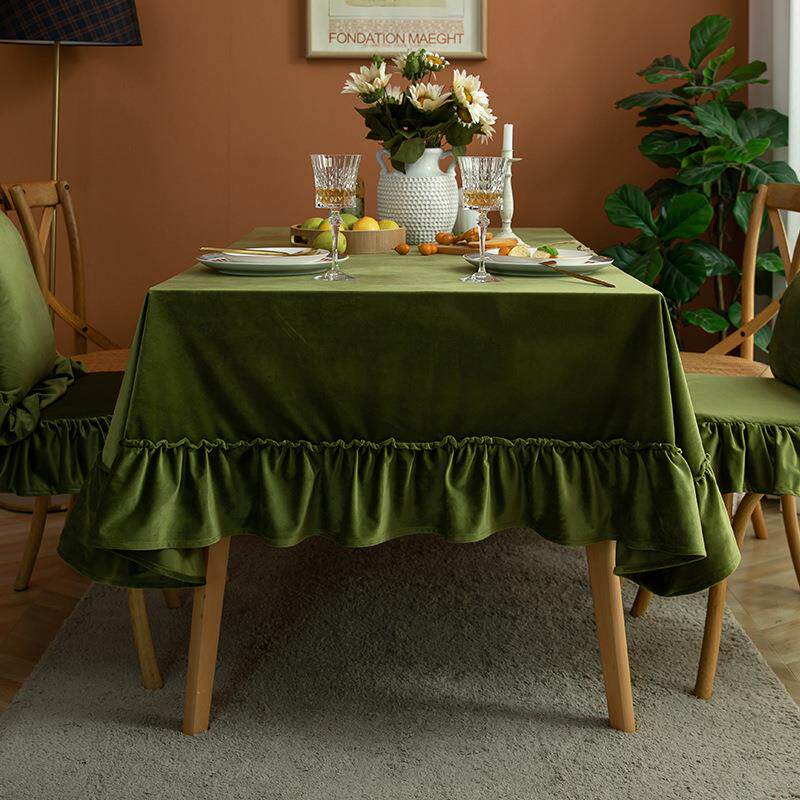 北欧简约绒布桌布荷叶边长方形餐桌布纯色加厚布艺拍摄道具布台布
