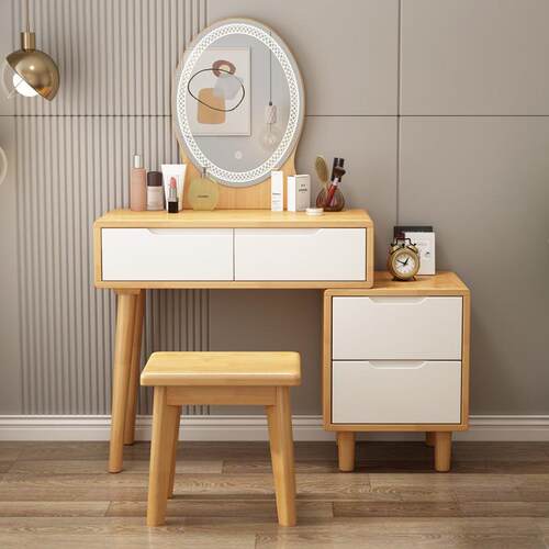 北欧经济简约梳妆台带妆镜LED灯光美颜收纳实木化妆桌