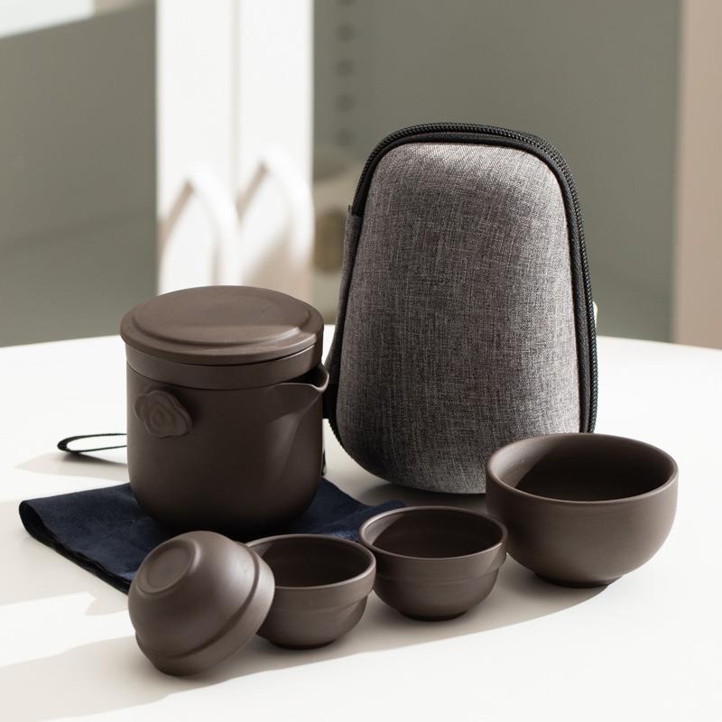 紫砂旅行茶具茶壶小套组个人办公泡茶家用户外便携包快客一壶四杯