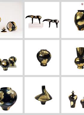 中式黑金陶瓷摆件样板房家居桌面书架背景墙陶瓷工艺软装饰品摆件