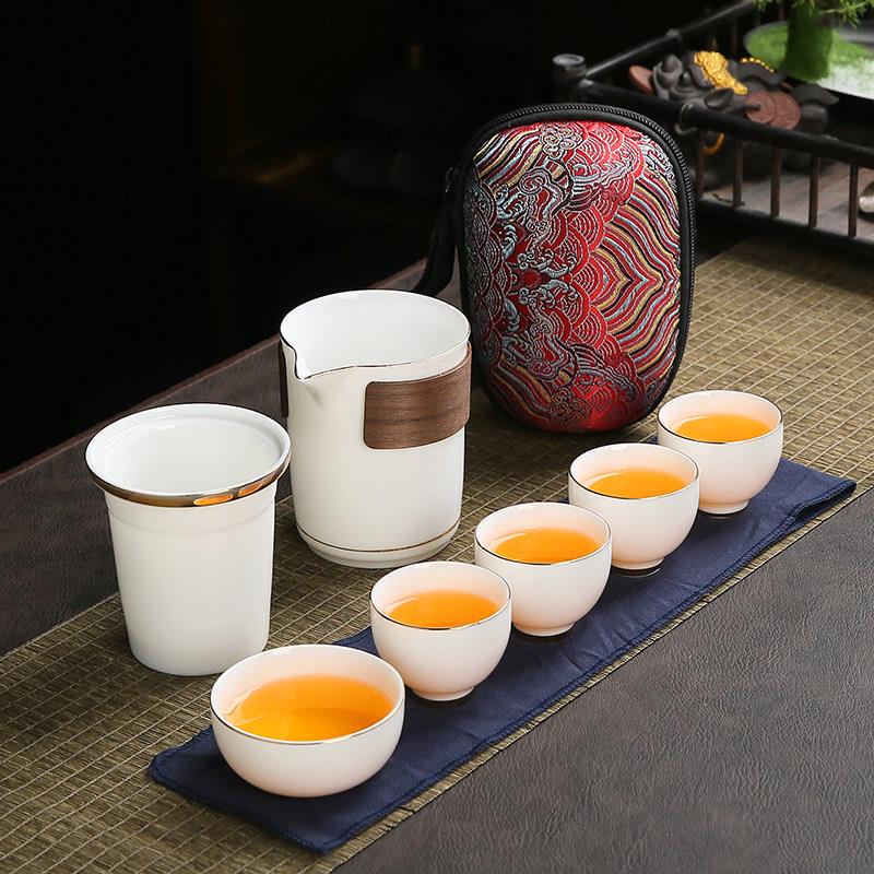 旅行茶具一壶四杯简约防烫羊脂玉白瓷可携式包功夫套装陶瓷快客杯