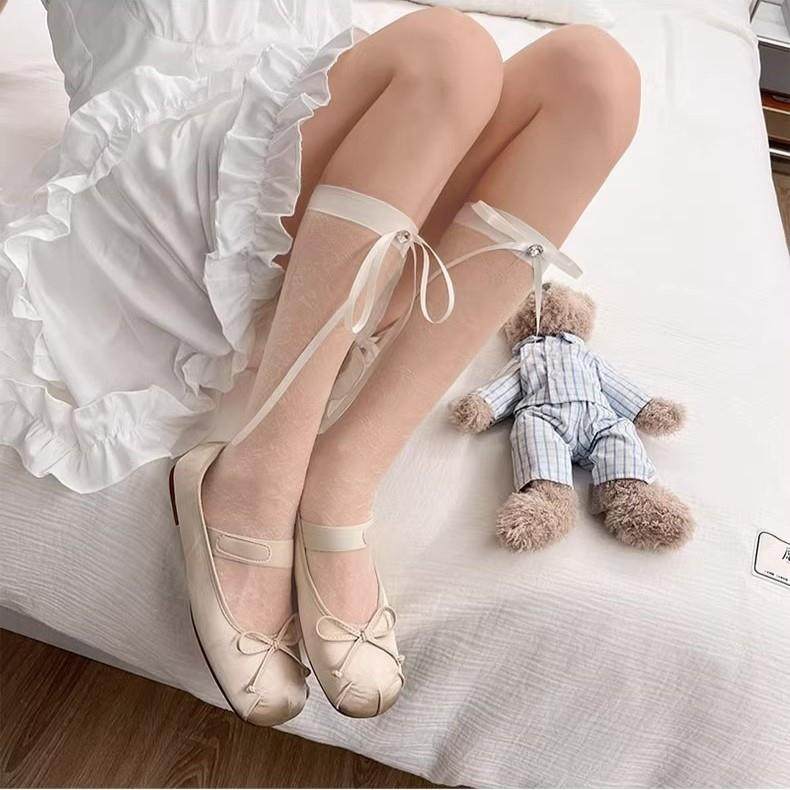 春品玫瑰暗纹长飘带蝴蝶结闪钻薄款少女中筒袜洛丽塔jk堆堆袜定制