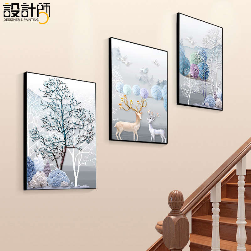 楼梯装饰画三联画楼梯间楼道壁画墙画现代简约北欧风格复式楼挂画图片