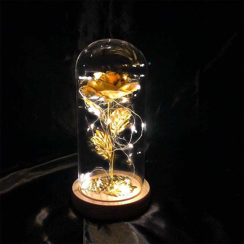 新款直销跨境音乐永生花玻璃罩金箔玫瑰花彩金情人节礼物发光玫瑰