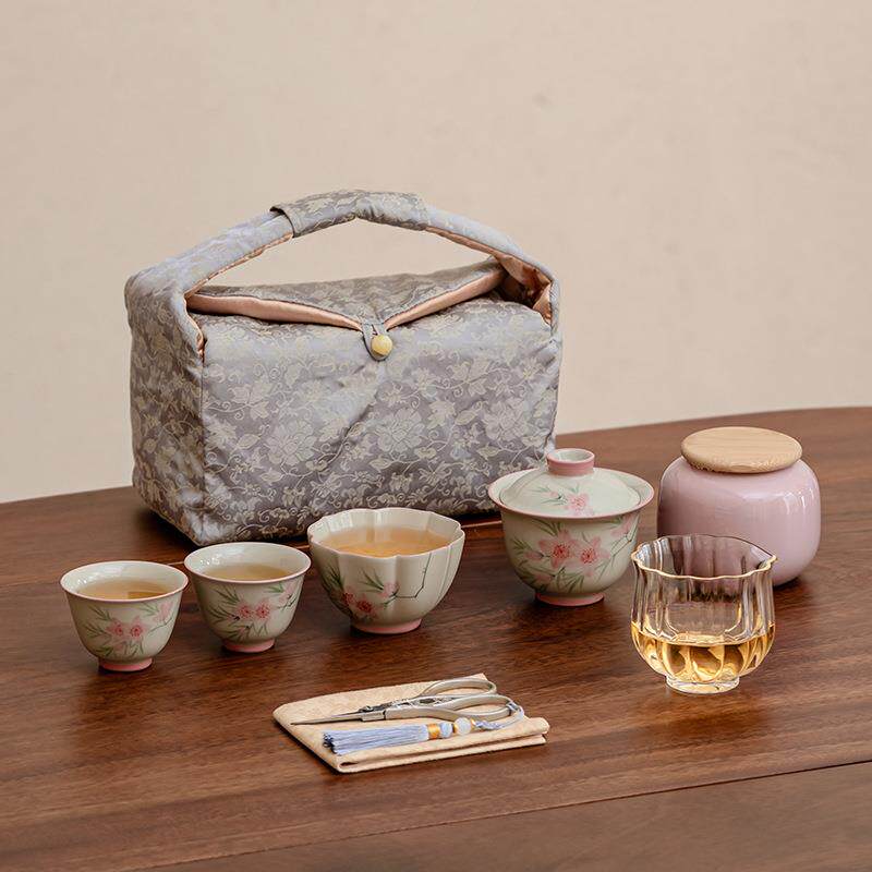 冰台手绘桃花一碗两杯便携茶具旅行梨壶陶瓷功夫泡茶壶套装茶壶