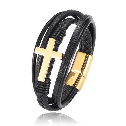 Multilayer Woven Leather Wrap Bracelet for Men Cross Bangle