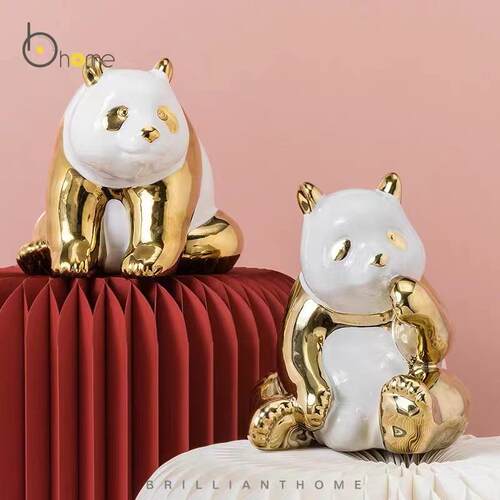 北欧风金色小熊猫家居装饰摆件客厅酒柜办公桌床头柜家居动物摆件