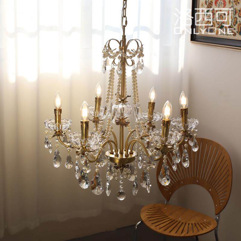 法式水晶珍珠铜吊灯美式欧式别墅客厅餐厅卧室全铜灯具8头6头吊灯