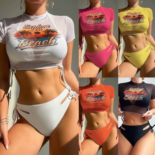 Womens Letter Palm Tree Print Halter Bikini Set 3 Piece with