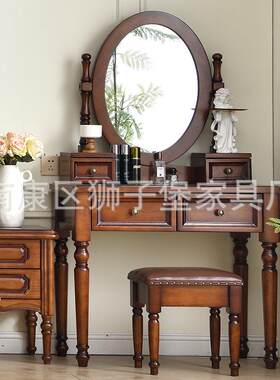 轻奢实木梳妆台卧室带镜子美式乡村化妆台凳子组合意式欧式白漆