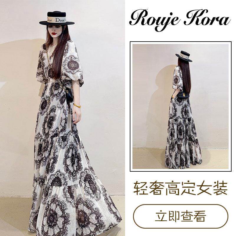 Rouje Kora法式雪纺碎花连衣裙女夏高个子收腰显瘦加长款大摆长裙