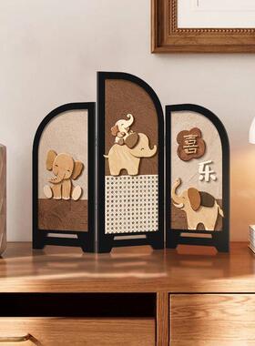 中古风大象屏风茶桌摆件覆古餐柜斗柜摆画 画客厅桌面玄关柜装饰