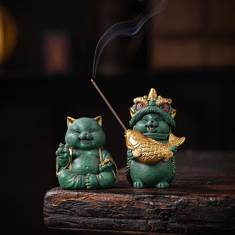 创意国潮南狮招财猫茶宠摆件醒狮福猫吉祥物线香插香座桌面装饰品