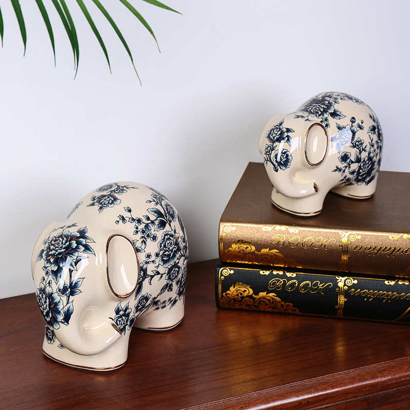裂纹工艺大象装饰品青花陶瓷小象客厅描金冰美式家居复古摆件创意