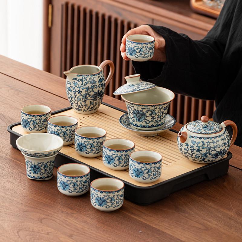 青花汝窑功夫茶具套组家用办公室客厅泡茶盖碗茶壶茶杯子陶瓷整套