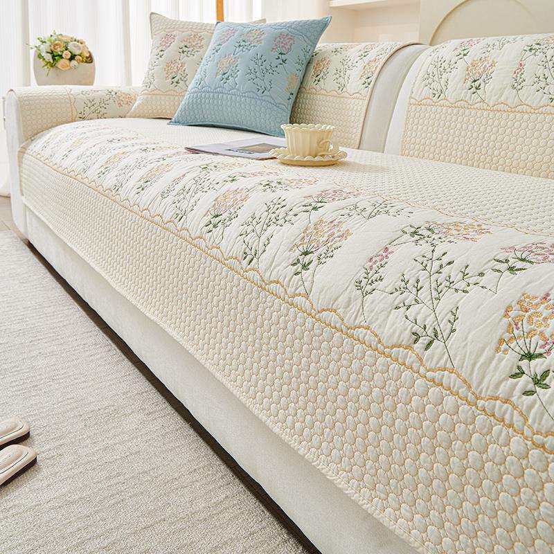 重工刺绣奶油风沙发垫法式夏季防滑水洗棉高级简约盖布靠背沙发套