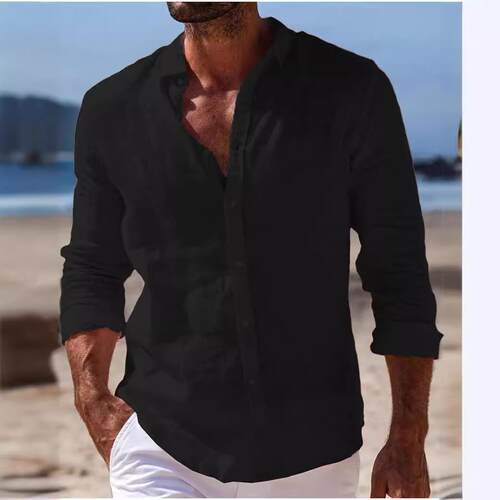 Men's Blue Linen-Polyester Casual Fitted Collared Shirt Turn