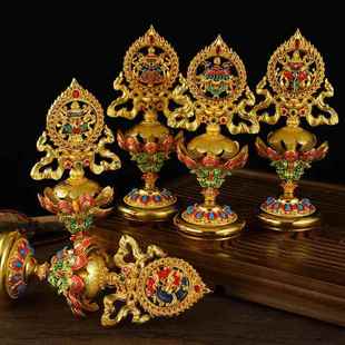 新款 棱形莲花圆底桌面摆件家用精致做工 彩绘八吉祥摆件30cm合金款