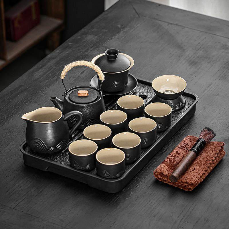 高档粗陶远山功茶具套夫装轻整奢高档提梁家泡茶壶茶杯茶盘套用会