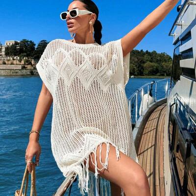 Snowy Bay Round Neckline Fringe Hem Beach Cover-Up Knit