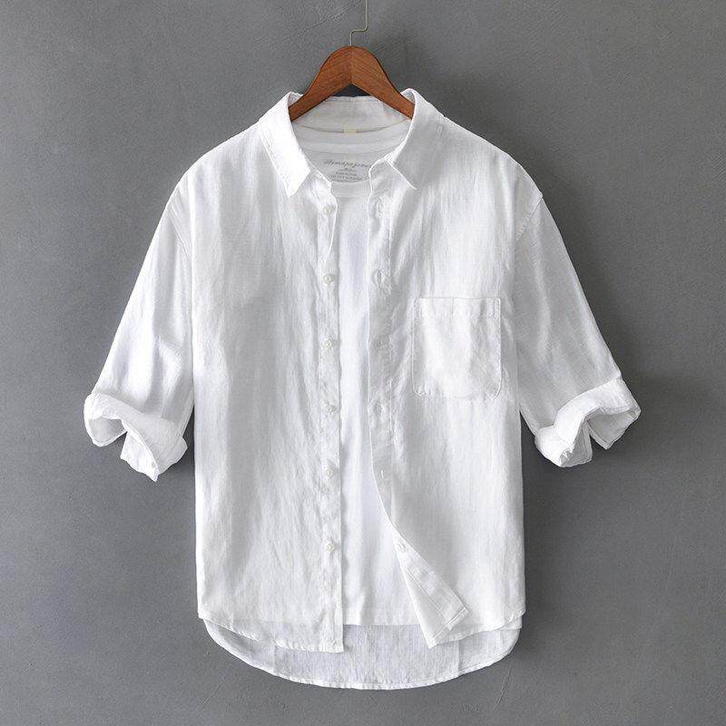香港七分袖透气亚麻白衬衫男装休闲宽松半中袖棉麻料衬衫薄款上衣