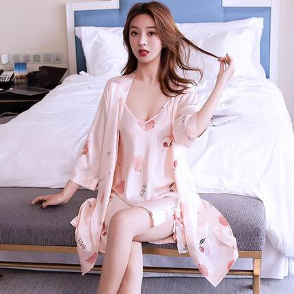丝秋装季冰吊带睡裙睡袍性感丝绸WXA睡衣女秋冬款两件套长袖薄春