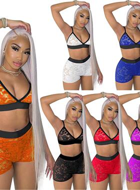 Women's suspender lace two shorts set