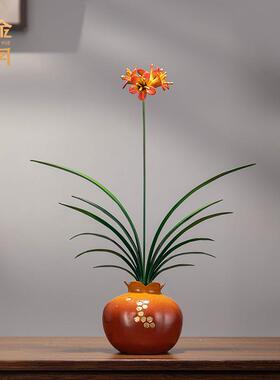 铜金岁月君子兰花仿真花朵铜摆件办公室插花卉花瓶兰花客厅铜摆件