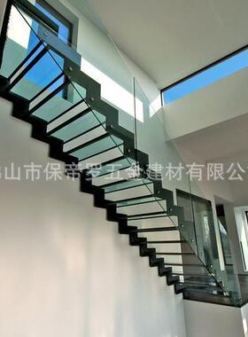 黑色烤漆龙骨钢化玻璃护栏夹胶玻璃踏板家用楼梯出口各国整梯