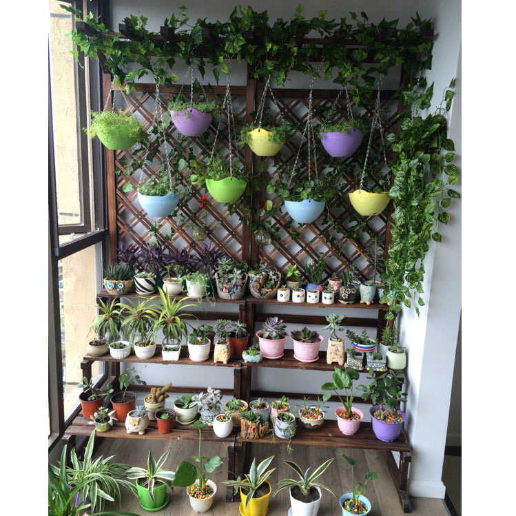 阳台花架多层实木阶梯落地式置物架防腐木花盆架子网格户外植物架