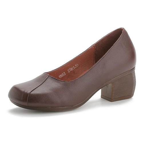 高档65中跟妈单鞋软底真皮妈鞋跟复古原创工作鞋套粗脚防3滑皮鞋