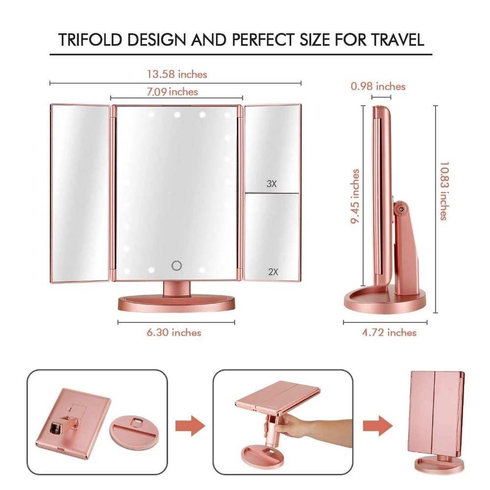 LED三面折叠化妆镜网红梳妆桌面台式镜子带灯led发光三折化妆镜