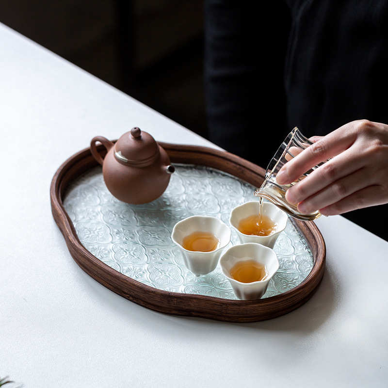 复古海棠花玻璃托盘竹制茶盘家用小型干泡茶杯子收纳盘水果点心盘