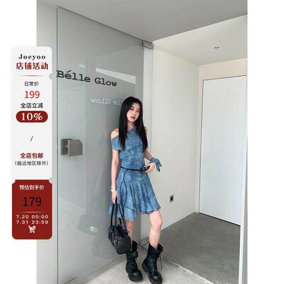 Joeyoo李乔优 夏日航海家 蓝色洋装女夏斜肩垂折领无袖a字短裙子