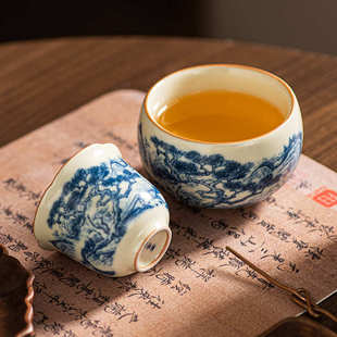 陶瓷品茗杯 米黄汝窑青花山水花瓣杯主人杯功夫茶具汝瓷杯子中式