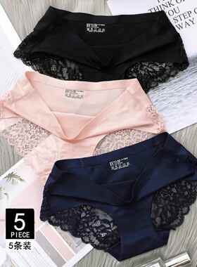 5件蕾丝冰丝大码女三角内裤Women Underwear plus size Panties