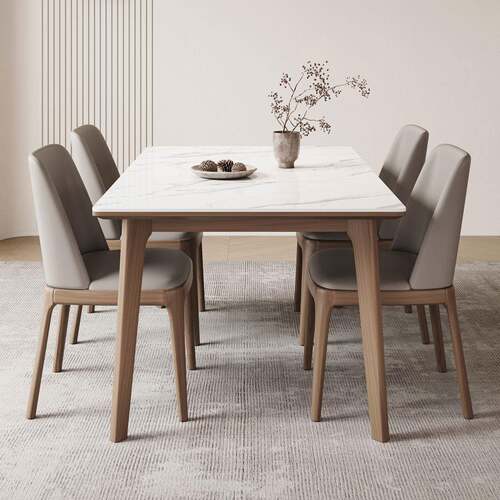 北欧实木白蜡木岩板餐桌椅组合现代简约全托 托底板胡桃色小户型