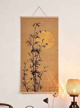 伊利新中国风客厅装饰画禅宗茶室印花竹帘挂画书房背景卷轴荷花挂
