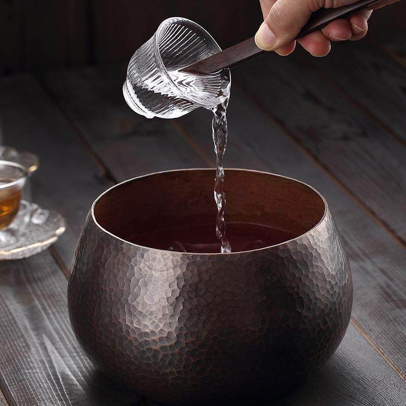 纯铜茶洗小大号紫铜手工锤纹洗水盂建水水洗笔洗茶盂茶具配件