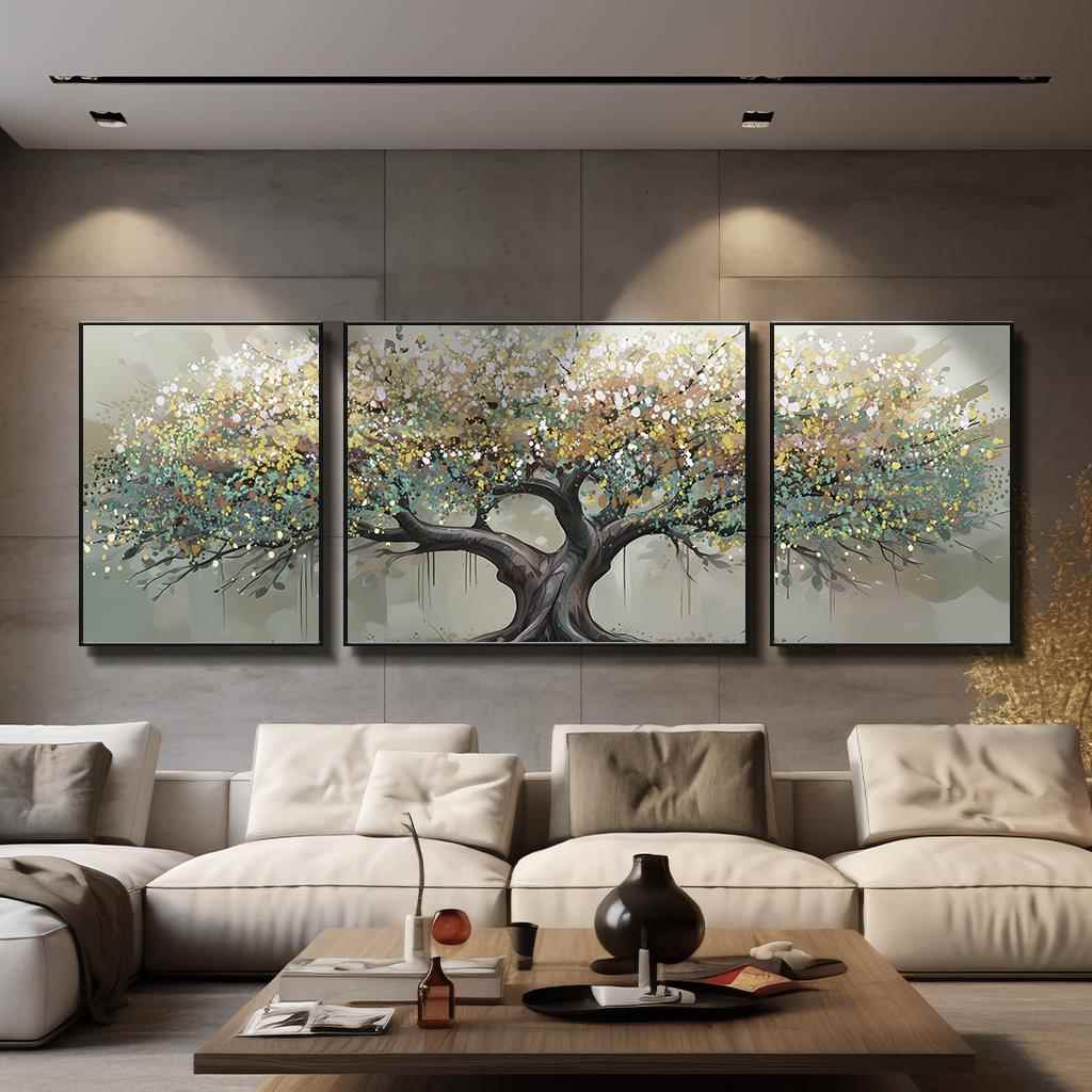 发财树客厅装饰画现代简约沙发背景墙壁画轻奢招财三联画2025新款