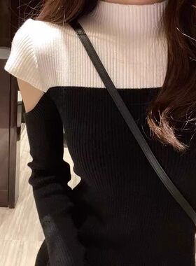 欧洲站秋冬法式复古半高领露肩针织连衣裙收腰包臀长裙内搭打底裙