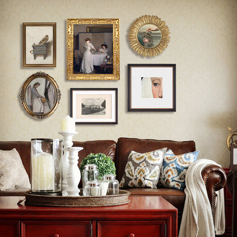 美式轻奢客厅背景墙装饰画怀旧法式复古欧式实木雕花组合挂画A114