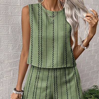 Twopiece Set Womens Striped Print Crop Tank Top Shorts