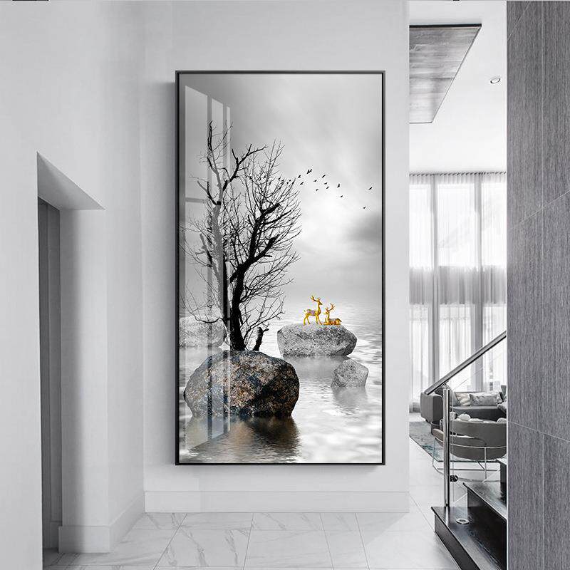 石来运转玄关装饰画金色石头麋鹿晶瓷挂画入户进门墙壁画招财风水