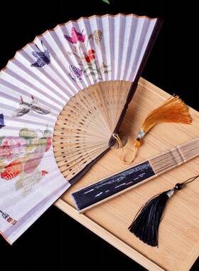 头青古风扇子折扇 中国风女式复古典丝绸 舞蹈扇夏季和风日用扇